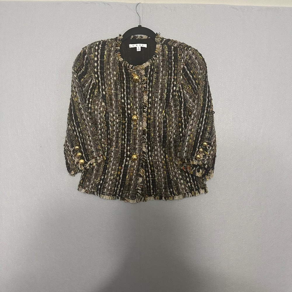 Cabi 175 Regency Tweed Jacket Multi Color Gold Button Fringe Trim Blazer Small